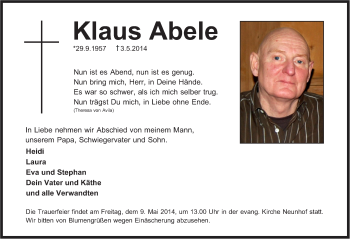Traueranzeige von Klaus Abele von Pegnitz-Zeitung